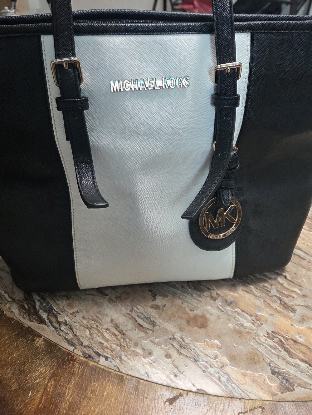 MK Black and White Colorblock Tote Laptop Bag
